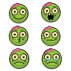 set of hand drawn green zombie emojis with different expressions, smile, smiling, surprised, curious, sad, angry, depressed, crying