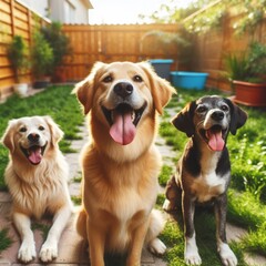 Three cheerful dogs pose with tongues out in a sunlit backyard, exuding happiness and companionship.