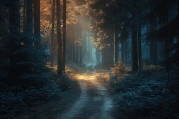 Mystical Forest Path Leading to a Brightly Lit Gate Amidst Twilight Mist