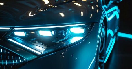 front view of modern aggressive luxury car, headlight lamp, fancy expensive status sports vehicle, closeup view of head lamp