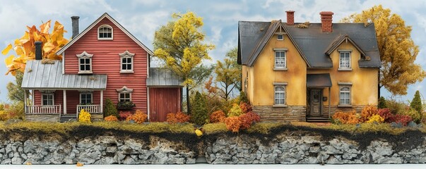 Autumnal suburban homes split by river