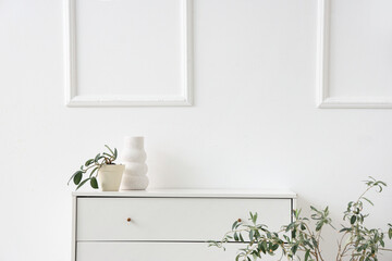 Cabinet with flowerpot and vase near white wall