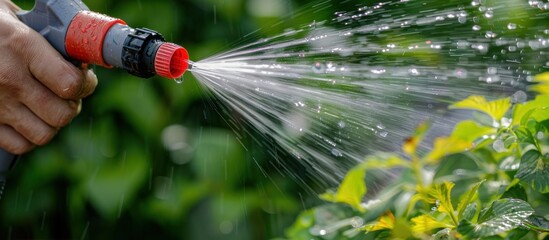 A person spraying an organic garden spray on the grass