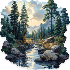 A Painting of a River With Trees and Rocks