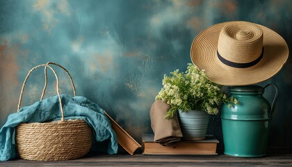 Vintage Still Life with Hat and Flowers