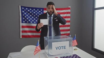 Young hispanic man, an amazed electoral college candidate open-mouthed in surprise and disbelief, during a vote at the american government assembly.