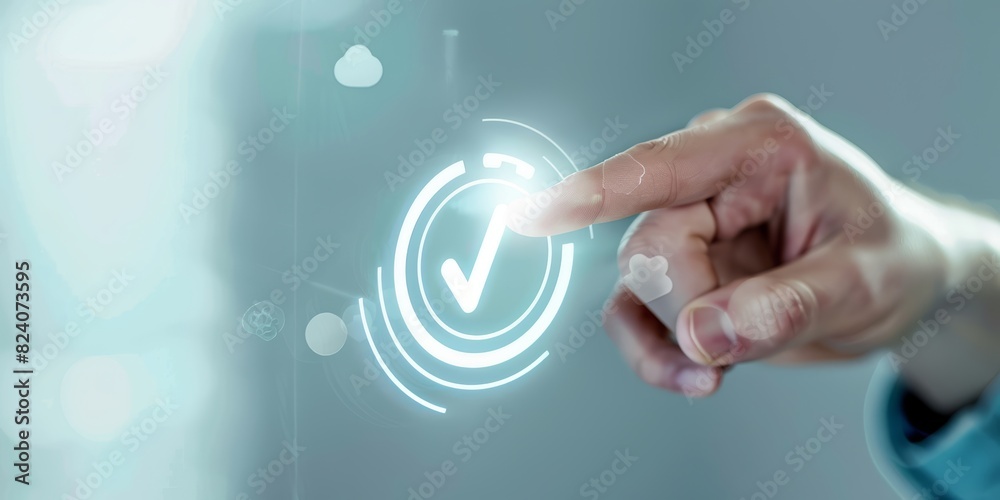 Aufkleber A Businessman Touching a Futuristic Holographic Interface with a Checkmark, Symbolizing Success, Modern Technology, and Innovative Business Solutions, Generative AI