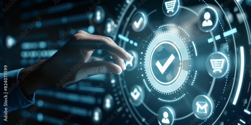 Poster a businessman touching a futuristic holographic interface with a checkmark, symbolizing success, mod
