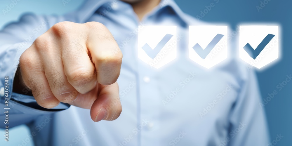 Poster Hand Pointing at Digital Checkmarks on a Holographic Interface, Representing Success, Modern Technology, and Efficient Business Solutions, Generative AI