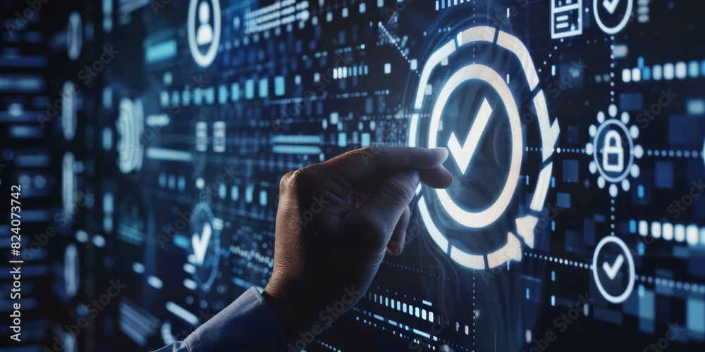 Poster a businessman touching a futuristic holographic interface with a checkmark, symbolizing success, mod