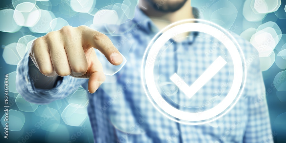 Poster a businessman touching a futuristic holographic interface with a checkmark, symbolizing success, mod