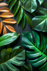Green tropical palm leaves against a dark background, casting shadows and creating a vibrant, lush appearance. Poster and banner