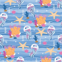 Undersea world seamless pattern with jellyfish,starfish and corals.Cartoon background with wild animal and wavy lines.Print on fabric and paper.Vector design for use in banner,wallpaper,nursery decor.