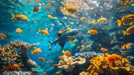 Fototapeta premium Describe a protected marine sanctuary where various species of fish, sharks, and sea mammals thrive in a pristine environment, Close up