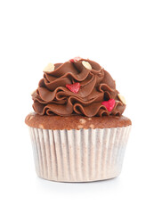 Chocolate cupcake for Valentine's day on white background