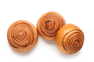 Tasty homemade cinnamon buns on white background
