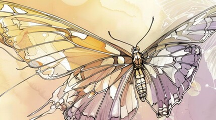 Close up of a butterfly in pastel colors on watercolor background