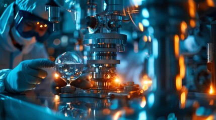 Describe a scene of scientists in a hightech observatory studying dark matter with advanced telescopes and sensors, Close up