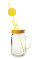 Drinking glass with lid and straw on white background