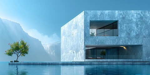 surreal nature with blue sky, crazy impressive landscape with modern architecture
