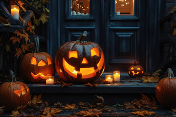 Carved pumpkins glow warmly on a doorstep, surrounded by autumn leaves and flickering candles at twilight.