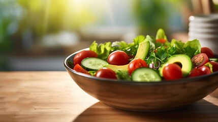 A bowl of salad with tomatoes, cucumbers, and avocado
