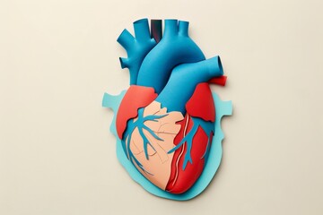Minimalist cut paper of human heart, "ample" in the style of blue and red color palette, plain background