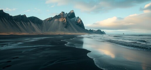 Black sand beach with mountains in the background