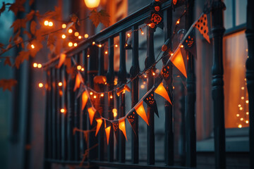 Halloween decorations featuring spooky bunting and orange lights adorn an iron fence, setting a festive atmosphere.