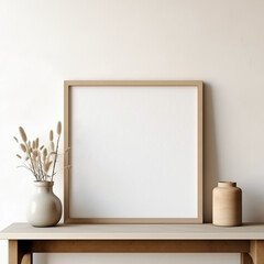 A mockup of a frame for showcasing designs, the frame is standing on a table and leaning against the wall. Behind it, the frame is empty, with walls in light colors. 