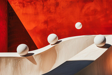 Abstract spheres and shadows on red and beige surfaces. Generative AI image