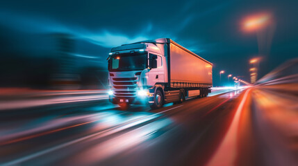 modern freight truck driving by highway at night, blurred motion, logistics and delivery shipping concept