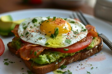 Close-up of a delectable avocado toast topped with a sunny-side-up egg, smoked salmon, and fresh herbs