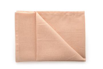 Fabric beige napkin on white background. Top view