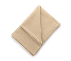 Fabric beige napkin on white background. Top view
