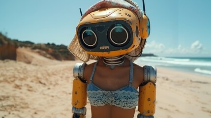 A robot wearing a patterned headscarf, crochet top, and denim shorts, standing on a sandy beach