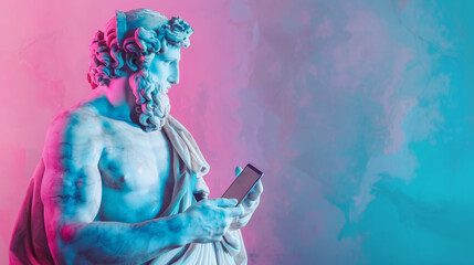 Marble statue of Zeus holding a smartphone, combining classical mythology with modern technology in pop-art style