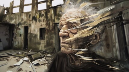 Evocative composite image of an elder's face interwoven with derelict building ruins, stirring deep contemplation.