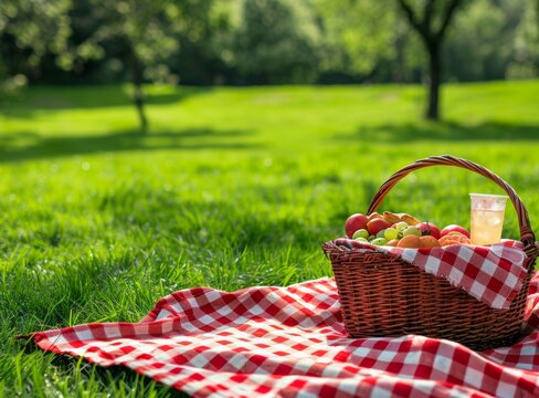 Picnic activity wallpaper, copy space for text, green grass background, photo of picnic basket with food and drinks on red checkered blanket in the style of park.