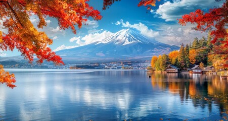 Fototapeta premium Mount Fuji is covered in red leaves and reflects on Lake