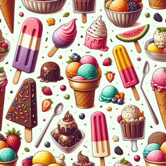 pattern of colorful ice cream varieties including cones, popsicles, and scoops with sprinkles and toppings, set against a light background. Perfect for vibrant and playful culinary-themed designs