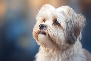 A small white dog with a black nose and brown eyes