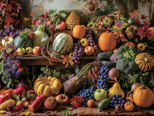 a table overflowing with seasonal fruits, vegetables, and flowers, reminiscent of harvest festivals