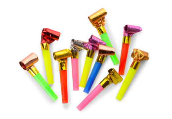 Colorful party whistles on white background. Top view