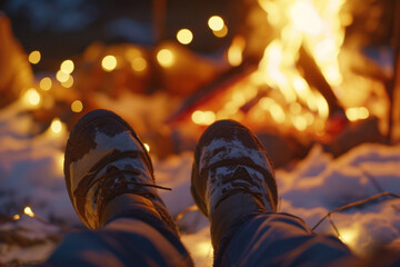 A cozy winter scene with snow boots warming by a crackling campfire, surrounded by the serene beauty of a snowy evening