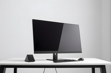 A black computer, monitor, a black screen on a white table. Pc screen mockup concept on white background.