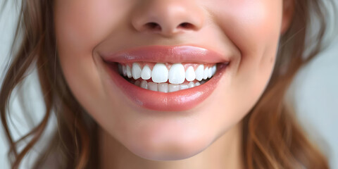 Obraz premium Beautiful young woman female smiling showing perfect white teeth. Dental stomatology whitening and treatment advertisement concept.