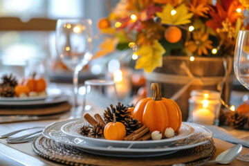 An autumn-themed table setting beautifully arranged with pumpkins, pinecones, and warm seasonal colors for a festive dinner