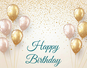happy birthday text card with golden balloons and confetti. empty space for your text