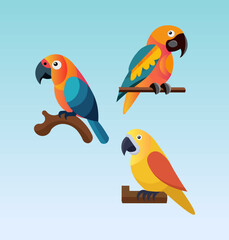 Illustration vector of a set of cute colorful parrots charming colors of soft and dreamy hues of the orange, yellow, and blue feathers 